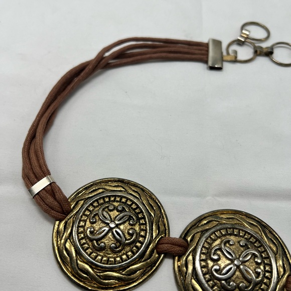 Vtg Medallion Belt Gold Metal Textured Circles tan brown Accents Black Cordi… - Picture 2 of 4
